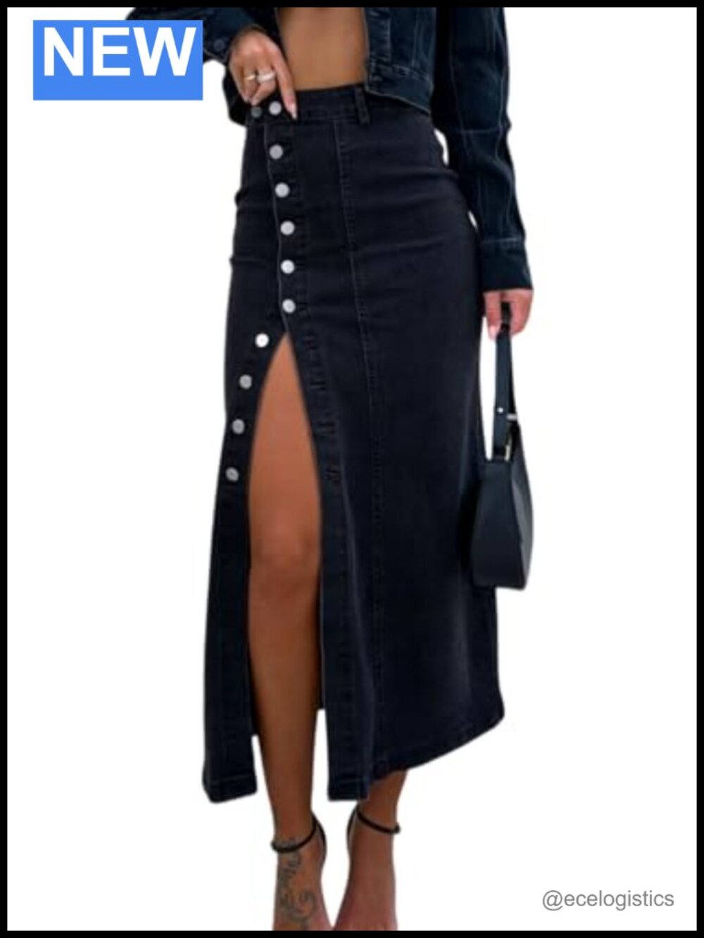 High Waisted Midi Jean Skirt with Slit Button Up Stretch A-Line Casual